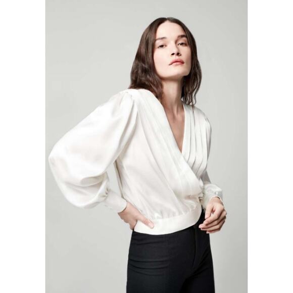 Smythe Tops - SMYTHE Women Pleated Crossover Blouse M Ivory Satin Viscose Top Balloon Sleeve